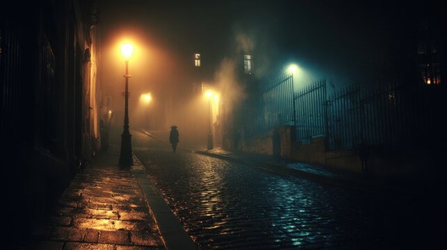Dark and mysterious Paris street at night, vintage atmosphere, cobblestone pavement glistening faintly, a single dim lamppost casting timid warm light
