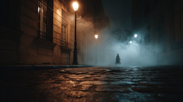 Dark and mysterious Paris street at night, vintage atmosphere, cobblestone pavement glistening faintly, a single dim lamppost casting timid warm light
