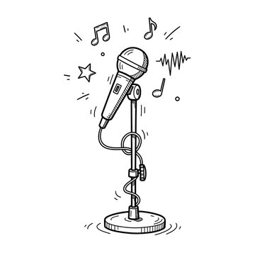 Hand Drawn Microphone on Stand Surrounded by Music Notes on White Background