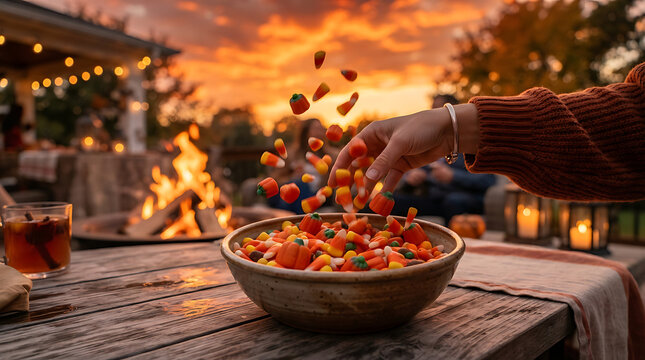 Autumn outdoor gathering with candy and fire pit at sunset