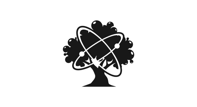 Abstract tree with atomic orbit design symbolizing science and nature.