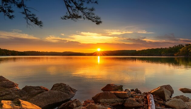 Serene Ozark Lake Sunset Tranquil Waters Reflecting Golden Hues