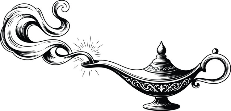 Vintage lamp, magic genie lamp, black and white illustration, vector icon
