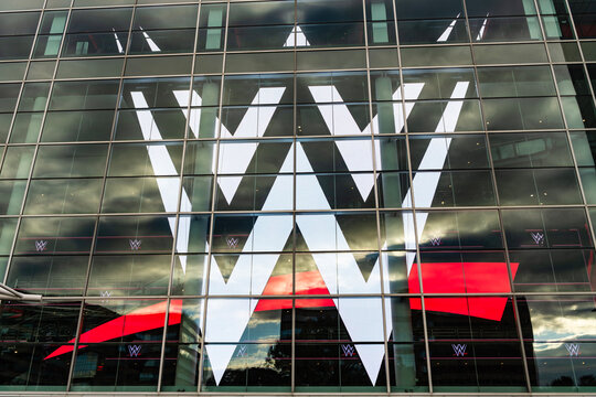 Miami, Florida, USA - October 22, 2025: WWE logo. Main headquarters in US. WWE World Wrestling Entertainment. WWE Universal Championship WW logo