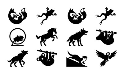Obraz premium Diverse Animal Silhouettes Collection: Fox, Frog, Horse, Hyena, Sloth, Otter, Parrot Icons