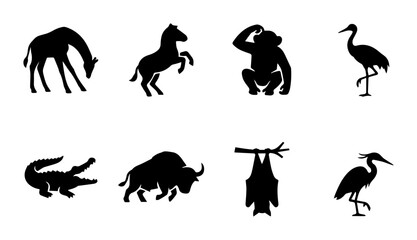 Obraz premium African Wildlife Silhouettes, Safari Animals Vector Icons, Zoo Creatures Collection, Nature Elements