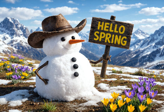 Cute snowman wearing a cowboy hat holding hello spring sign with flowers and mountains