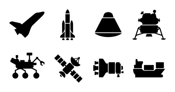 Space Exploration Icons: Rocket, Shuttle, Rover, Satellite, Lander, Capsule, Module, Cargo Ship Vector Set