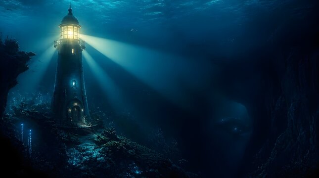 Underwater Lighthouse Illuminating Deep Blue Ocean Depths with Sunbeams and Marine Life