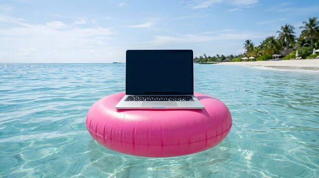Laptop on pink pool float in ocean with computer