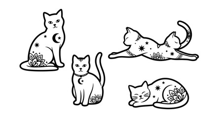 Mystical Cat Illustrations: Celestial, Moon, Stars, Mandala Designs © kumara