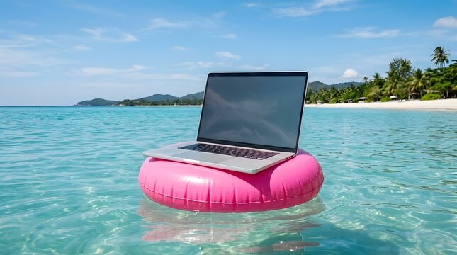 Laptop floating on pink ring in tropical sea