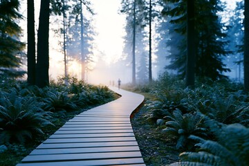 Obraz premium Winding wooden pathway through a mystical forest with fog-kissed trees and a distant figure - nature exploration