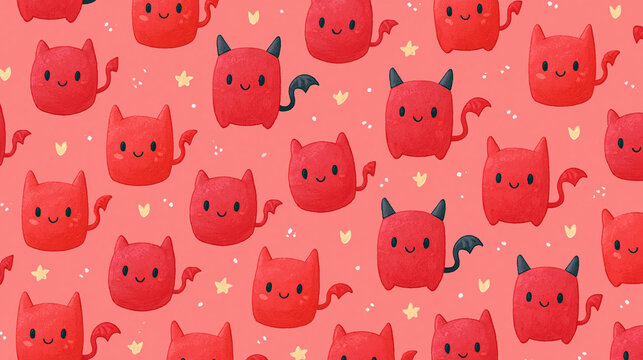 Cute red devil characters on a playful coral background with cheerful stars.