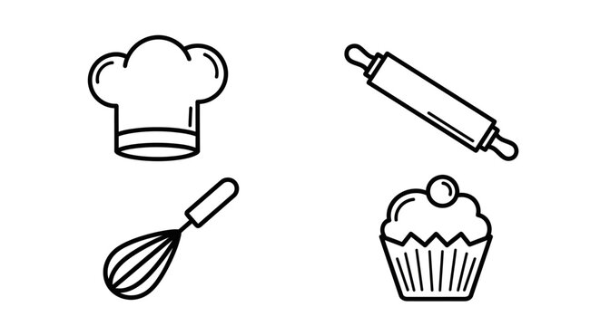 Baking Icons: Chef Hat, Whisk, Rolling Pin, Cupcake