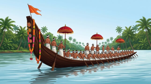 Traditional kerala snake boat race with rowers and colorful umbrellas on a tropical river in southern onam festival