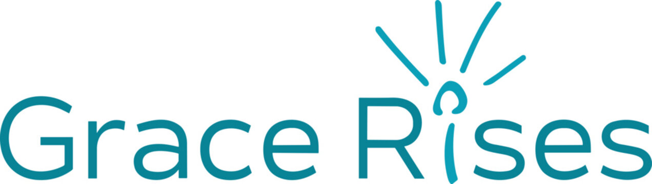 The text grace rises in teal sans-serif font with a stylized rising flame