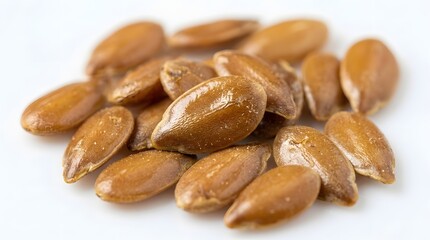 Obraz premium Flaxseeds close up macro, golden brown, white background, extreme detail 