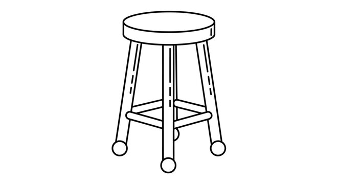 Simple wooden stool, line art, illustration of a three-legged bar stool with round seat and feet.