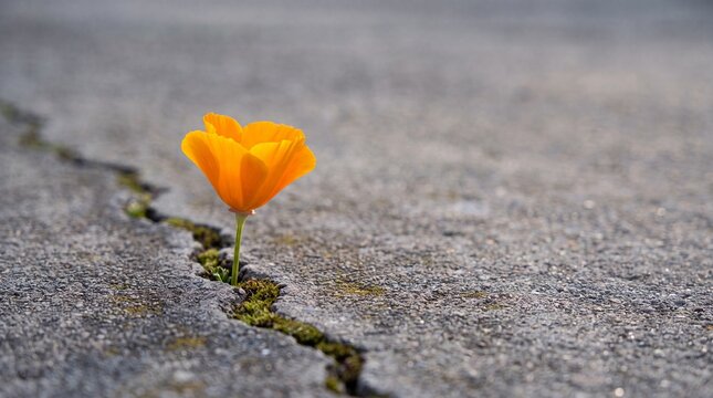 Vibrant orange flower growing through a deep crack in the gray asphalt pavement symbolizing resilience and hope in a harsh urban environment setting