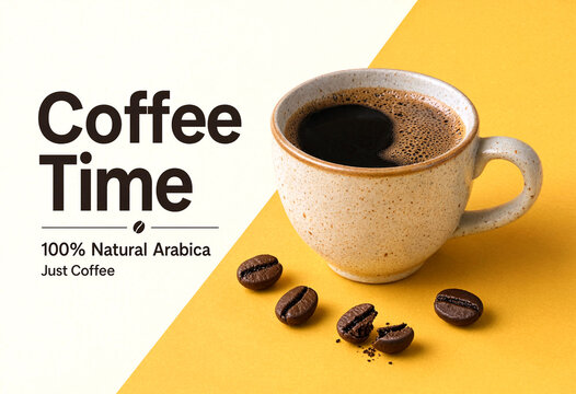 Freshly brewed arabica coffee in a ceramic cup with coffee beans around it
