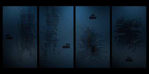 Obraz premium Modern abstract tech design concept with dotted patterns on dark blue background creating four separate vertical compositions.