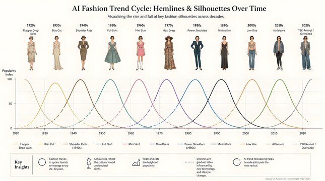 AI Fashion Trend Cycle: Hemlines and Silhouettes Over Time, Visualizing Rise and Fall of Key Fashion Styles Across Decades from 1920s to 2020s
