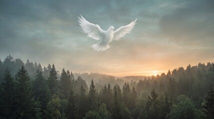 Obraz premium A serene white dove shaped cloud soaring gracefully above a mist covered evergreen forest during a warm golden sunrise in a tranquil morning landscape