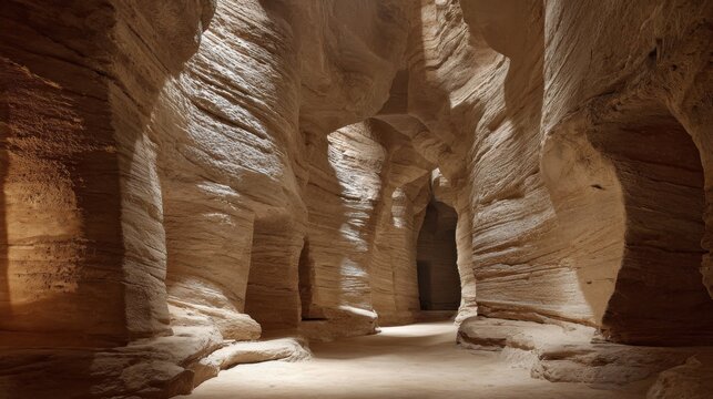 high-resolution architectural photograph of the interior of Jabal Qarah caves in Al-Ahsa, showing layered sandstone formations, natural vertical striations
