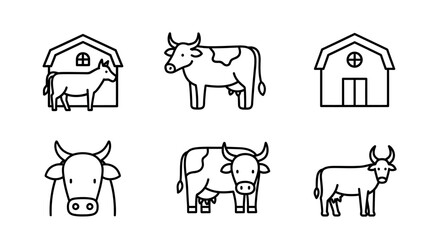 Farm animal icons: cows and barns in simple outline style © kumara
