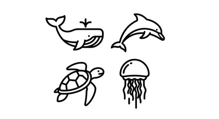 Cute Sea Creature Icons: Whale, Dolphin, Turtle, Jellyfish - Simple Line Art © kumara