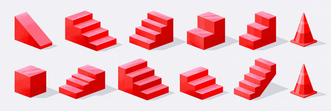 Various red geometric shapes including steps, cones, and blocks on a light background.
