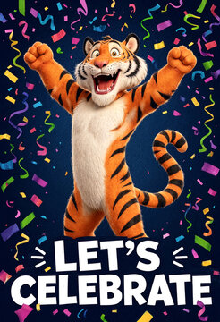Happy cartoon tiger with arms raised surrounded by colorful confetti ready to celebrate special occasions