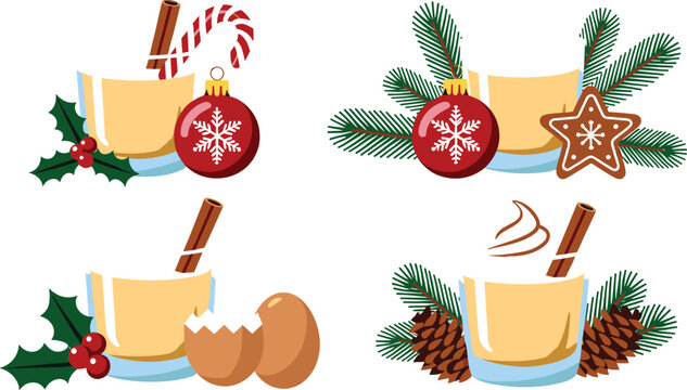 Christmas Eggnog Glass Vector Clip Art Set with Cinnamon Sticks Pine Branches Ornaments and Gingerbread Cookie for Winter Holiday Graphic Designs