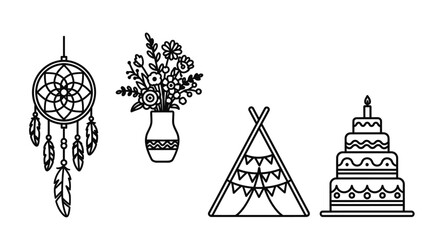 Boho Party Icons: Dreamcatcher, Flowers, Teepee Tent, Birthday Cake - Outline Style © kumara