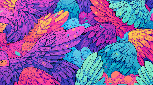Vibrant abstract illustration of colorful parrot wings in vivid hues.