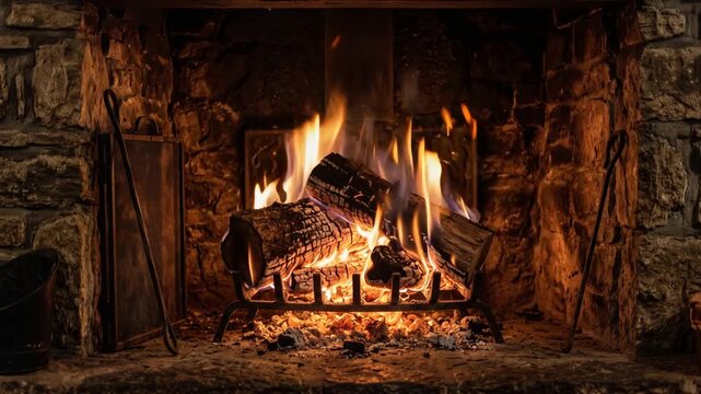Burning yule log glowing inside rustic stone fireplace, flickering flames casting warm ambient light, cozy winter holiday atmosphere, peaceful festive seasonal background, 4K video