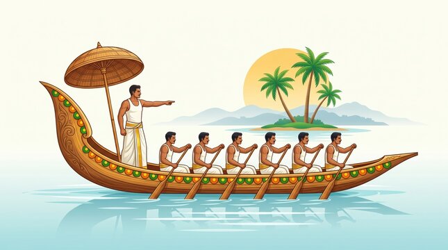 Traditional kerala snake boat with rowers and a helmsman under a golden sun and tropical palm tree onam festival