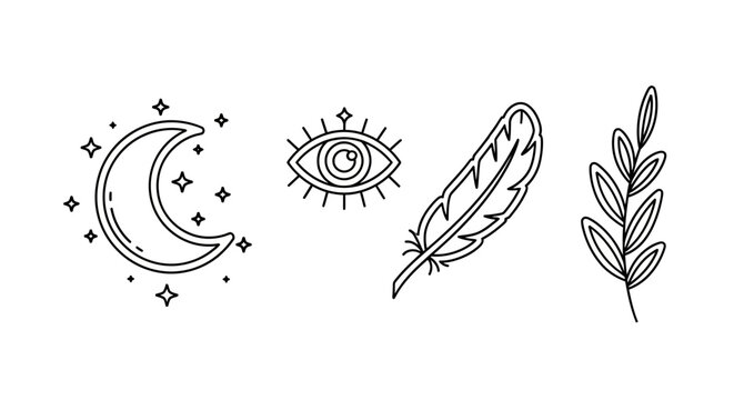 Mystical Symbols Collection: Crescent Moon, Evil Eye, Feather, and Branch - Hand Drawn Icons