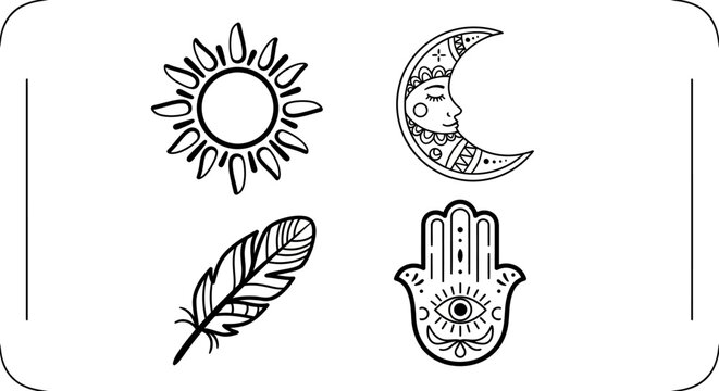 Boho celestial symbols: sun, crescent moon with face, feather, and hamsa hand with eye