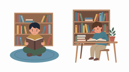 Fototapeta premium Two Vector Illustrations of Boys Engaged in Quiet Study Activities While Sitting on a Rug and at a Desk with Bookshelves in the Background