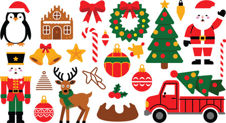 Christmas Holiday Vector Icon Set with Santa Claus Nutcracker Reindeer Penguin Red Truck Gingerbread House and Festive Elements for Winter Season Designs © MD SOJIB 