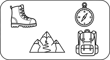Fototapeta premium Hiking Gear Icons: Boot, Backpack, Compass, Mountains - Outline Style