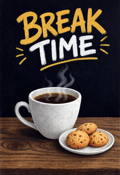 Hot coffee with chocolate chip cookies on a plate illustrating perfect break time concept