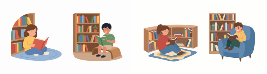 Set of vector illustrations featuring cute children reading books near bookshelves © Halil