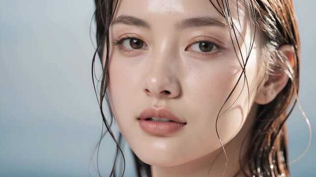 Close up of serene face with dewy skin glowing in soft natural light beauty portrait