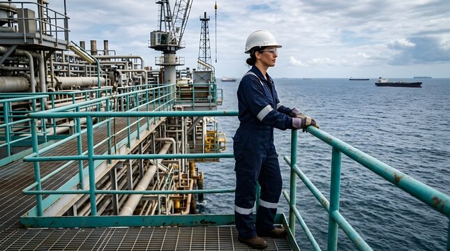 Worker in a blue coverall looking at the ocean from the ship deck