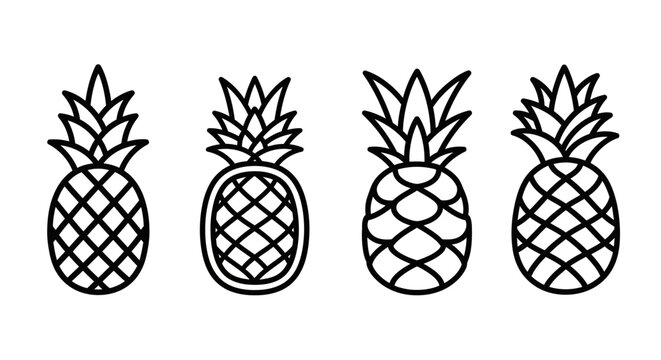 Four simple black outline drawings of pineapples in a row on a white background