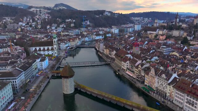 Lucerne, Switzerland Aerial View at Winter. Kapellbruecke und Wasserturm Luzern, Schweiz. Chapel Bridge and Water Tower.