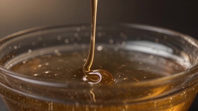 Macro Close Up Shot of Wooden Honey Dipper Submerged in Sweet Golden Honey Inside Glass Bowl